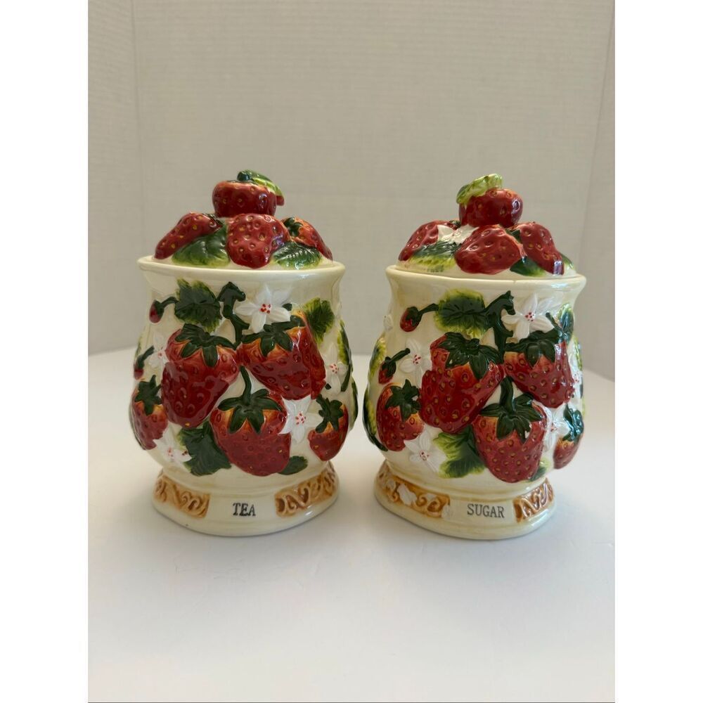 Vintage Retro Strawberry & Floral Sugar and Tea Canister Set of 2 READ